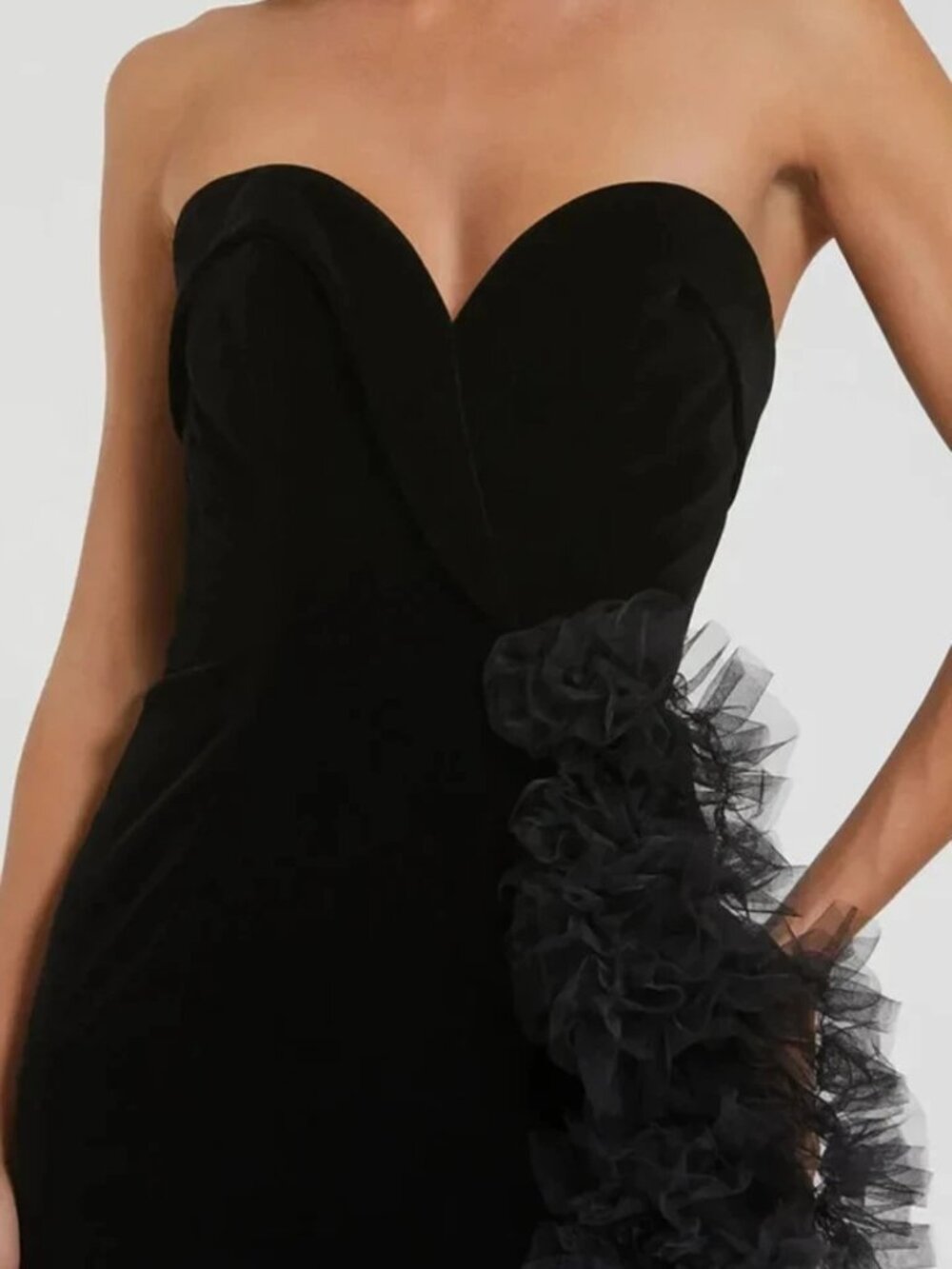 Mac Duggal Black Velvet Strapless Ruffled High Slit Mermaid Gown - Picture 3 of 3